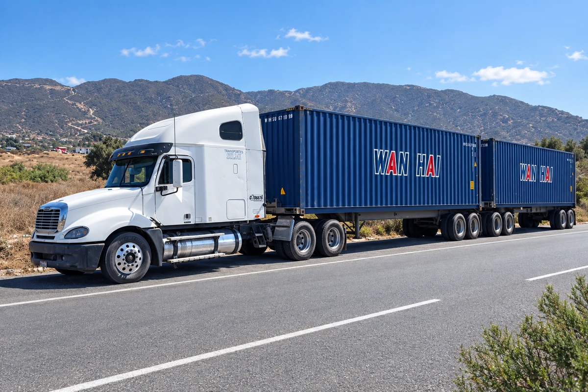 Tractocamión blanco transportando dos contenedores azules